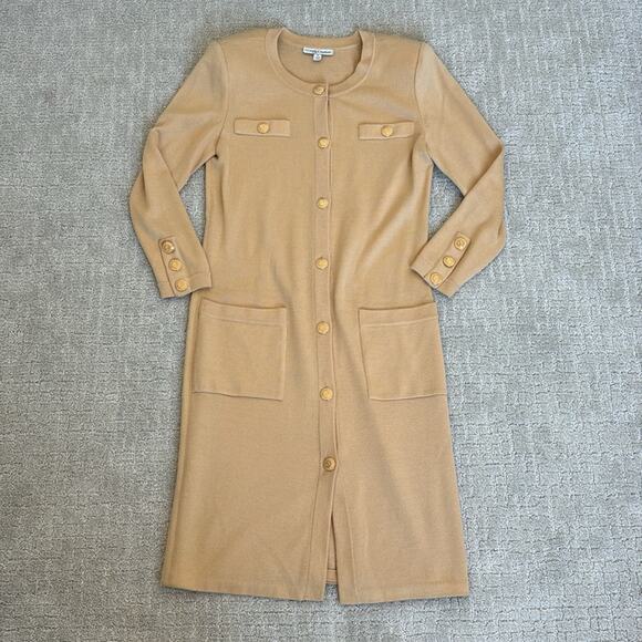 St. John Dresses & Skirts - St. John Couture knit long sleeve cardigan dress midi coat khan tan beige